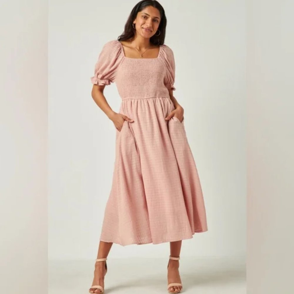 Smocked Bodice Puff Sleeve Midi Dress NWT Women's and Plus Sizes Available